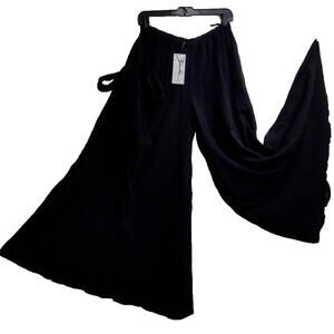1990s WIDE LEG Pants BELTED XL Boho Black CRINKLE COTTON DEADSTOCK Zashi